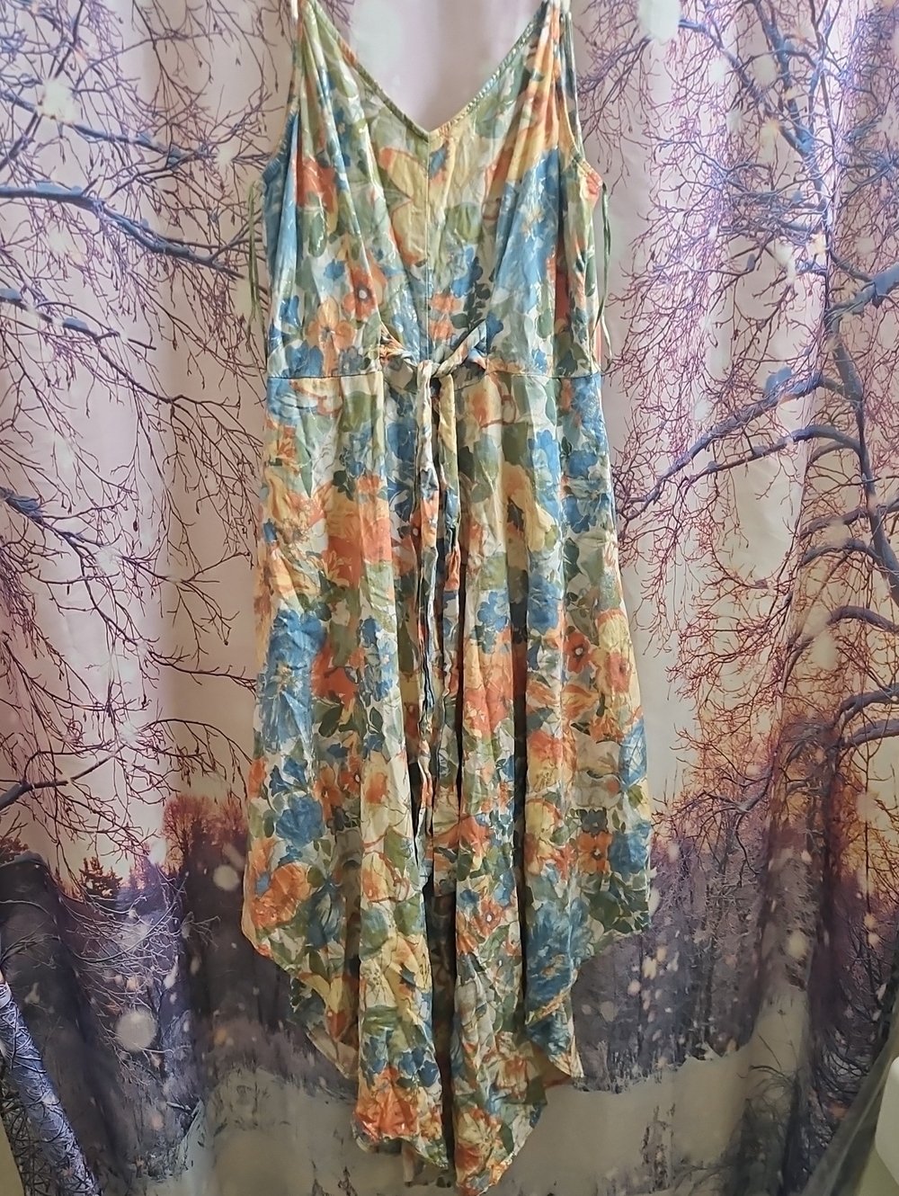 Floral V-Neck Midi Dress with Tie Waist - Multi